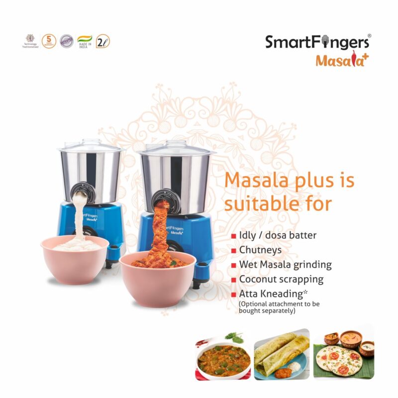 SmartFingers Masala + Table Top Masala Wet Grinder 230V 50hz, 2 Liter, Blue - Image 8