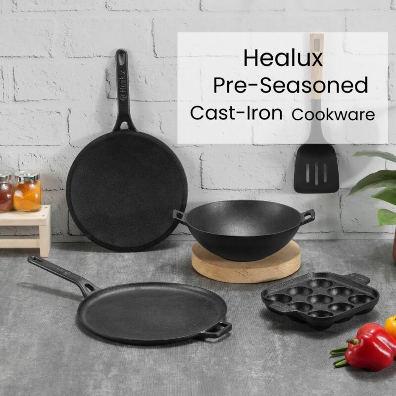 Healux 28cm Pre-Seasoned Cast Iron Dosa Tawa/Uttapam/Roti/Chapati/Obattu/Paratha Tawa | Toxin Free | Naturally Non Stick | Gas Base - Image 2