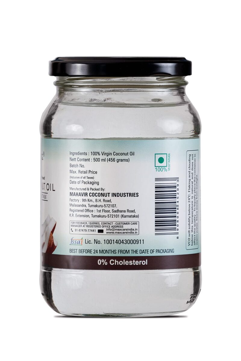 Max Care Virgin Coconut Oil (Cold Pressed) 500Ml Glass Jar - Image 3