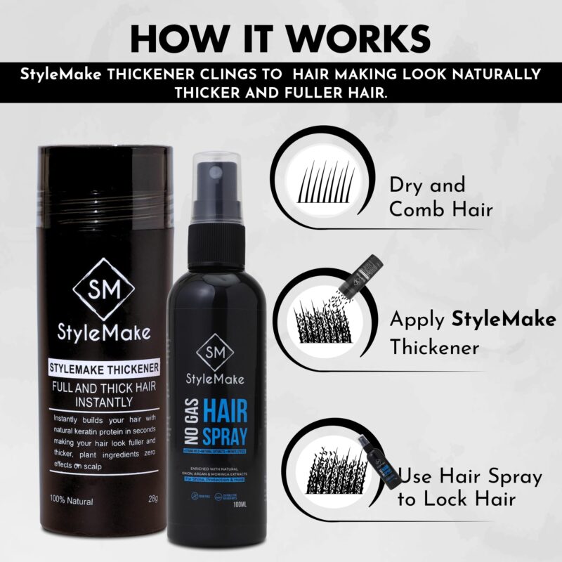 STYLEMAKE Thickener Hair Loss Concealer With Hair Spray - Hair Building Fibers - Hair Fibers For Thin & Fine Hair - Hair Thickening Fibers For Men & Women- Combo Pack (Black) -28 Grams - Image 6