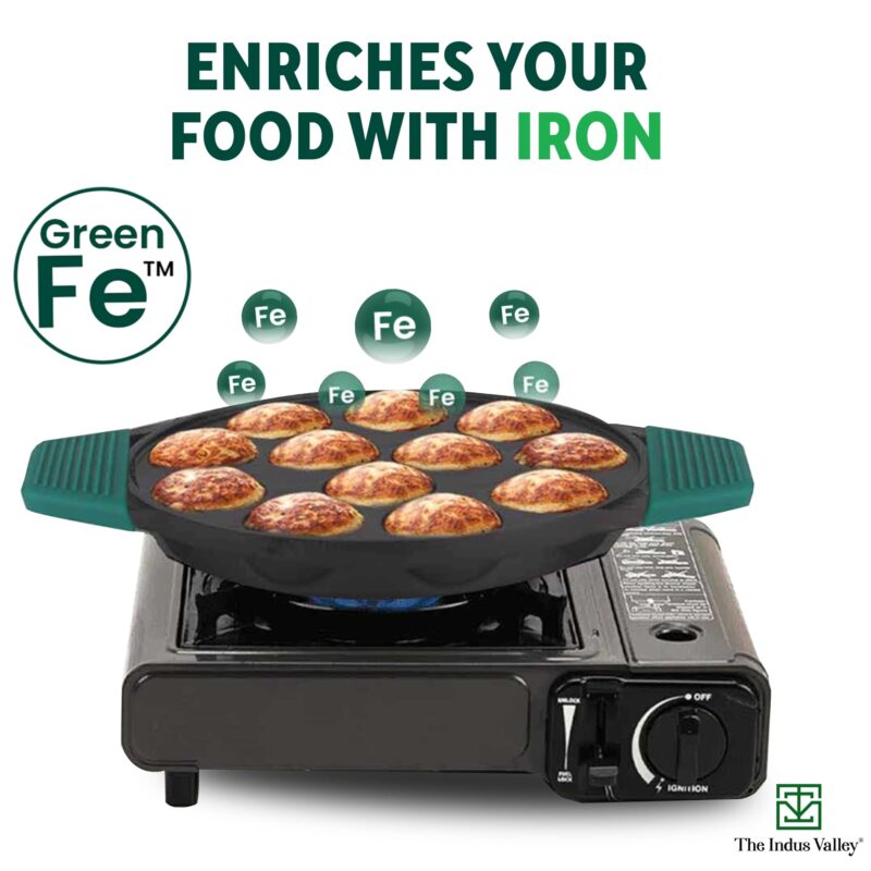 The Indus Valley Pre-Seasoned Cast Iron Paniyaram Pan With Loop Handle | 12Pit, 8.3Inch/21 Cm, 2.15Kg | Nonstick Appe/Paddu Pan, 100% Pure & Toxin-Free, Black - Image 5