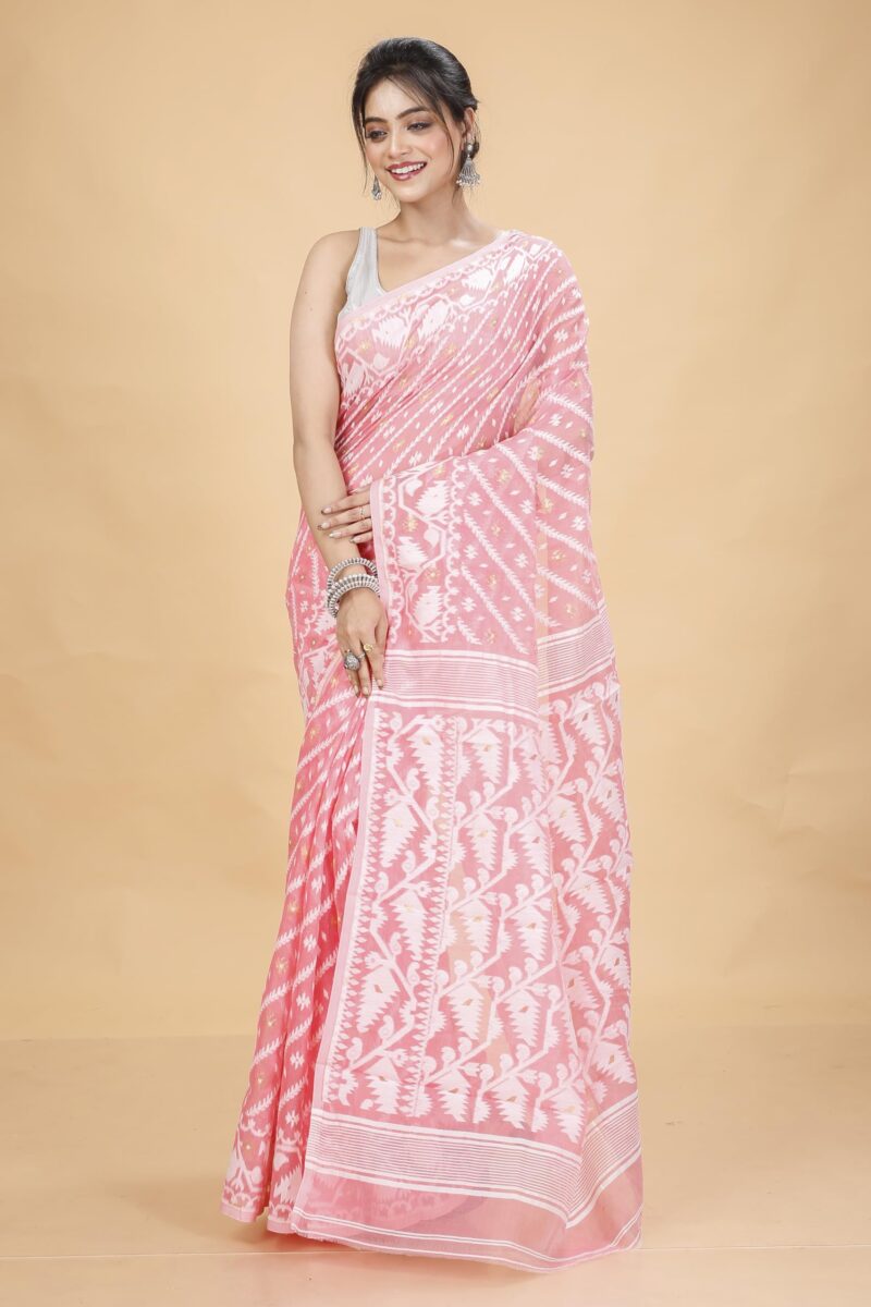 Tant Vastra Women’s Soft Resham Dhakai Karat Jamdani Saree without Starch And Without Blouse Piece (Peach) - Image 5