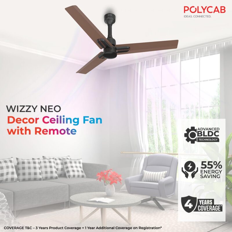 POLYCAB Wizzy Neo 1200mm 5-Star BLDC,Remote Ceiling fan for home| Free Installation| 55% Energy Saving, 100% Copper, High Air Delivery, 6 Speed Setting, Reversible & Timer| 4-yr Warranty【Brown Copper】 - Image 5