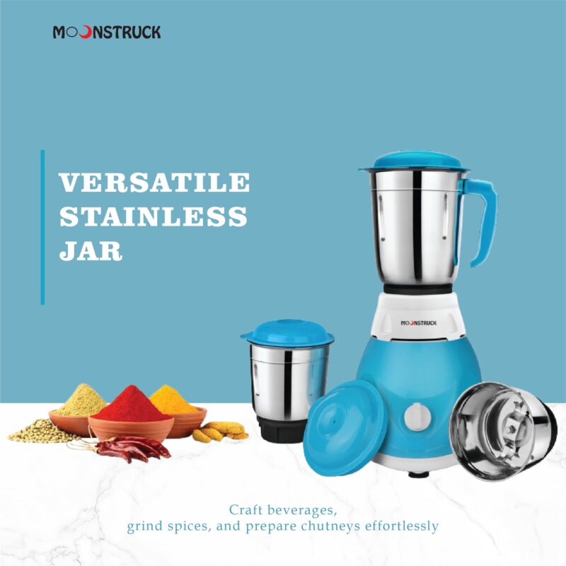 Moonstruck By Suprimo Blitz Quick Powerful 750W Motor Mixer Grinder, 3 Stainless Steel Jars, Overload Protection, Mixie For Kitchen With Heavy Duty Motor (Blue & White) (3 Jar) 2 Years Warranty - Image 5