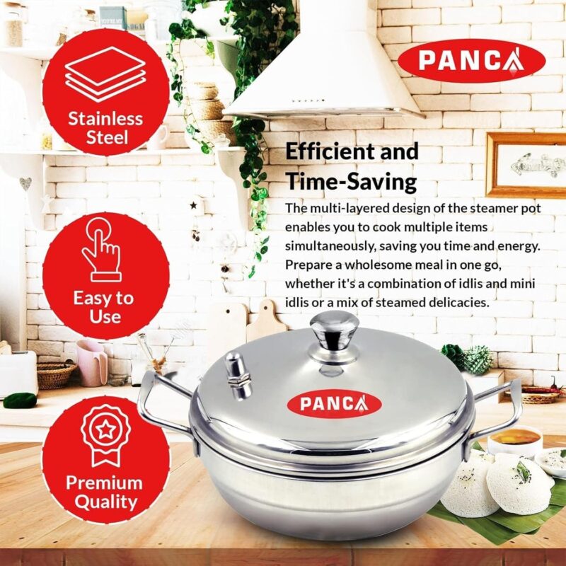 PANCA Stainless Steel Multi Purpose Kadai with Steel Lid, Idli Maker 2 Idli Plate 8 Cavity Idli Cooker Stainless Steel Idly Pot with Steamer - Image 6
