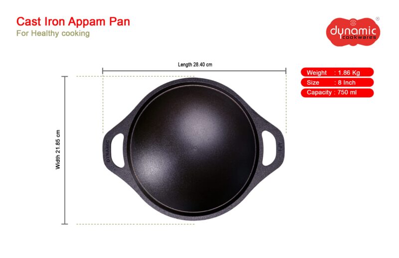 DYNAMIC COOKWARES Premium Pre-Seasoned Even matt Finish Cast Iron Appam Pan 8 Inch/22.05 cm | Gas Compatible | Naturally Nonstick Appam Patra/Chatti/Kallu/Palappam Pan, 100% Pure & Toxin-Free, Black - Image 4