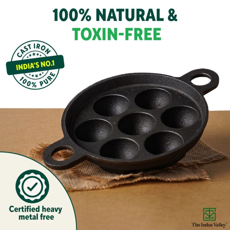 The Indus Valley Super Smooth Cast Iron Paniyaram Pan | 7Pit, 19Cm/7.4 Inch, 2.2Kg | Induction Friendly | Nonstick, Pre-Seasoned Appe/Paddu Pan, 100% Pure & Toxin-Free, No Chemical Coating - Black - Image 7