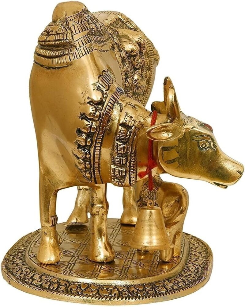ND Fashion Brass Golden Kamdhenu Cow with Calf | | Vastu Gau MATA Idol | | Spiritual Vastu Nandi Pooja Figurine Sculpture | Kamdhenu Cow & Calf Idol for Home and Office (Cow with Calf) - Image 3