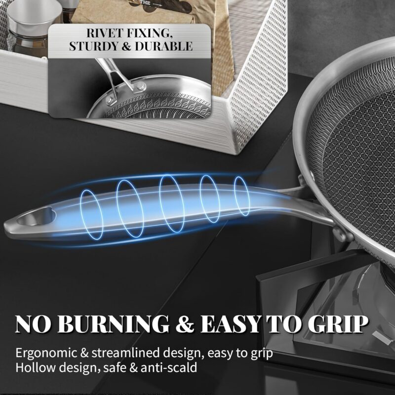 JUGTE Stainless Steel Honeycomb Frying Pan Non-Stick Pan with Stainless Steel Handle Stay Cool Non Toxic Dishwasher and Oven Safe Suitable for All Hob Types (Steel Frying Pan 24 Cm) - Image 9