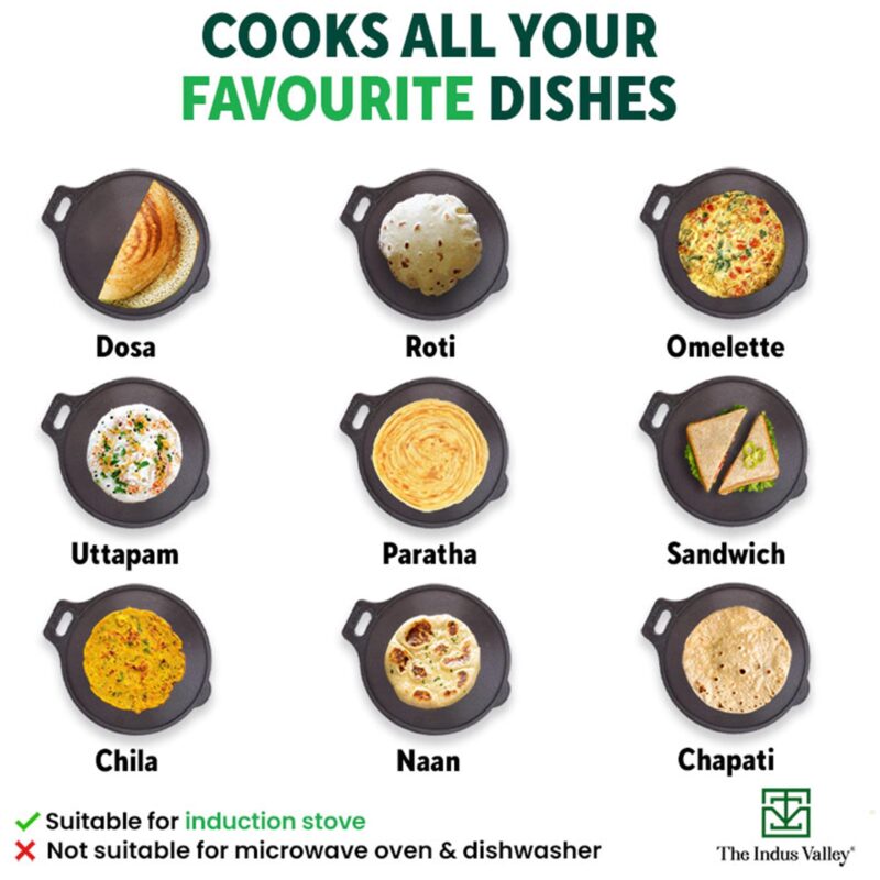 The Indus Valley Super Smooth Cast Iron Tawa with Free Wooden Spatula for Dosa/Chapathi | 27.6cm/10.8 inch, 2.8kg | Induction Friendly | Naturally Nonstick, 100% Pure & Toxin-Free - Image 4