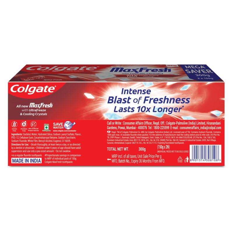 Colgate MaxFresh Toothpaste, Red Gel Tooth Paste with Menthol for Super Fresh Breath, 300g, 150g X 2 (Spicy Fresh) (Combo Pack Offer) - Image 3