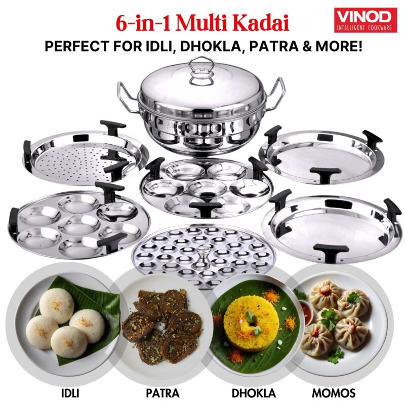 Vinod Stainless Steel Deluxe Multi Kadai with 6 Plates - 26cm, 2 Idli, 2 Dhokla,1 Patra and 1 Mini Idli Plate | Dhokla and Momos Steamer, Maker,Induction Friendly - Image 8
