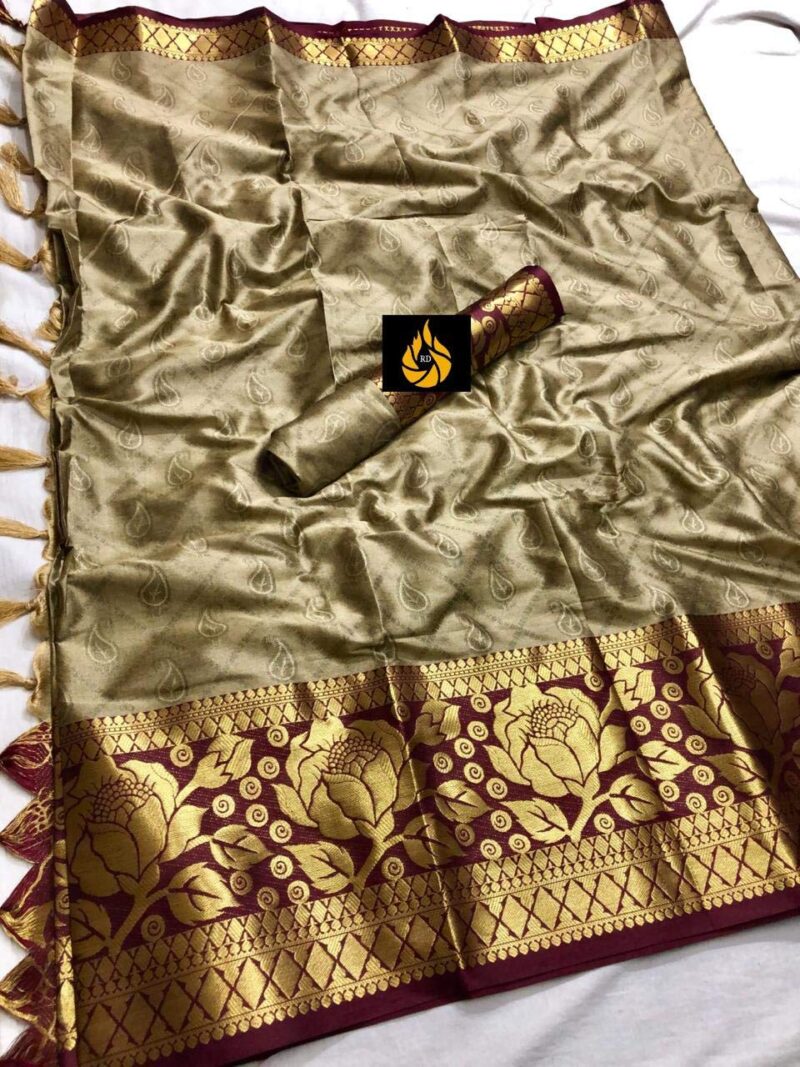 leeza store Banarasi Cotton Silk Kanjivaram Style Saree With Blouse Piece (Cream Color_Free Size) - Image 3
