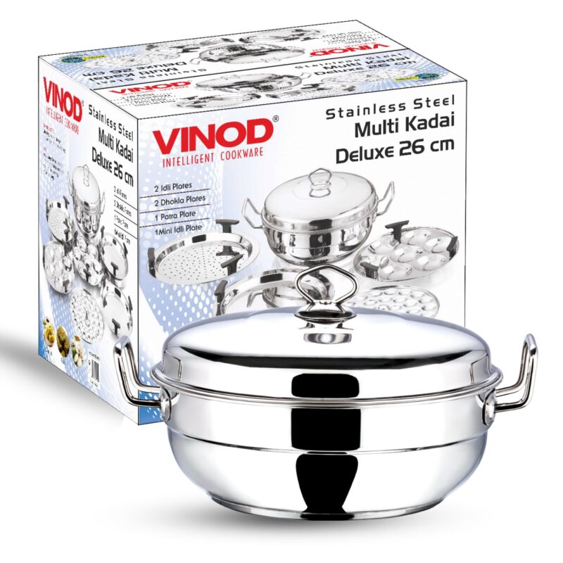 Vinod Stainless Steel Deluxe Multi Kadai with 6 Plates - 26cm, 2 Idli, 2 Dhokla,1 Patra and 1 Mini Idli Plate | Dhokla and Momos Steamer, Maker,Induction Friendly - Image 3