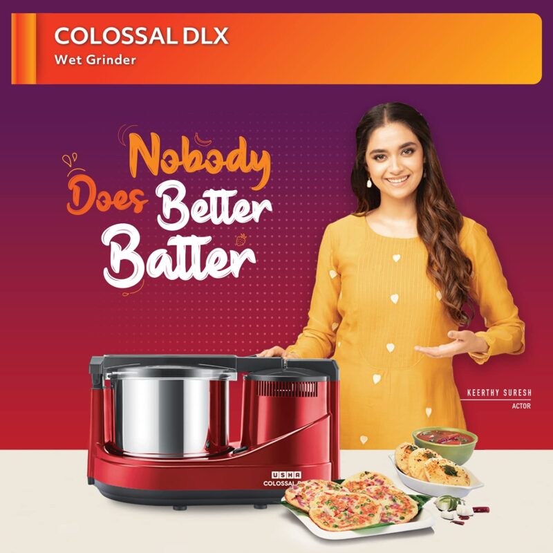 USHA Colossal DLX Wet Grinder 150 W, 2 LTR, 100% Copper Motor and Dual Flow Breakers for Faster, Smooth Batter with Atta Kneader and Coconut Scrapper (Red) - Image 2