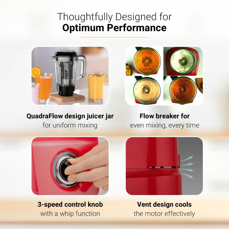 V-Guard Brillio 750 Watt Juicer Mixer Grinder, 3 Year Motor Coverage by V-Guard, 4 Jars(Chutney, Dry, Wet & Juicer), Sturdy Juicer Jar With Quadraflow Design, Precisionblend Ss Blades, Mars Red - Image 5