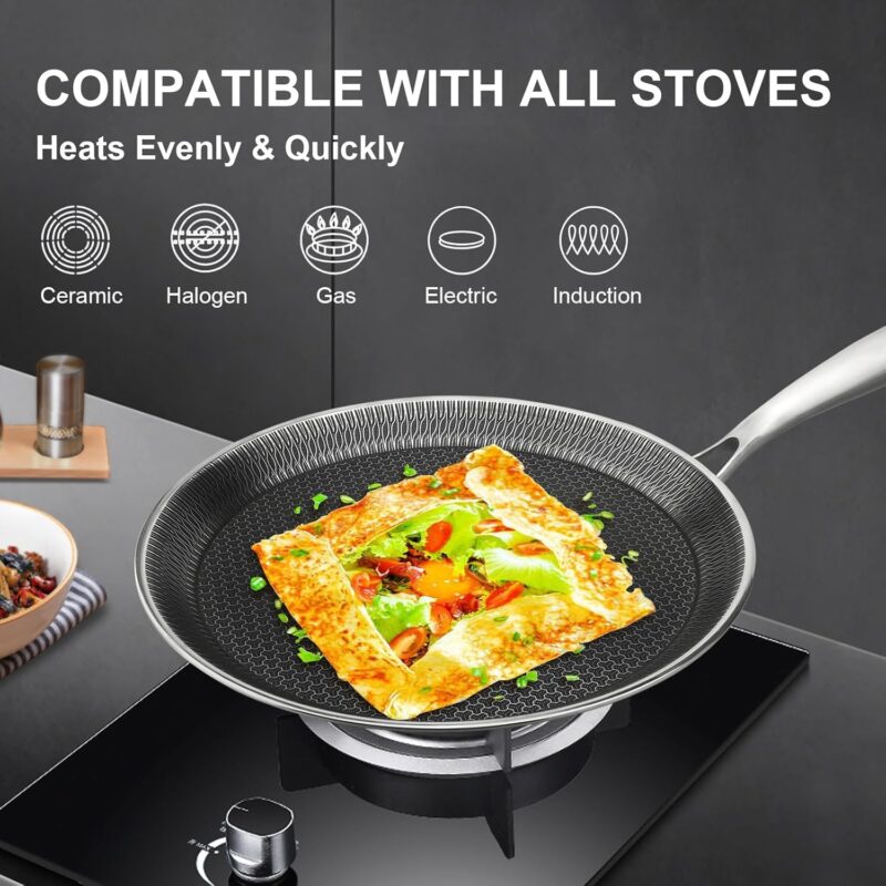 HaRvic Nonstick Crepe Pan Stainless Steel Crepe Pan, Honeycomb Coating Flat Skillet Tawa Dosa Tortilla Omelet Griddle Pan, Induction Compatible (28CM) - Image 4