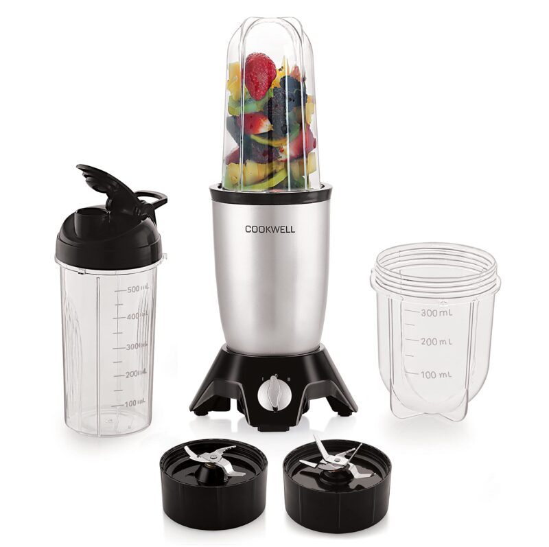 Cookwell Bullet Mixer Grinder (3 Jar, 2 Blade, Silver) - Copper, 600 Watts - 2 Year Warranty