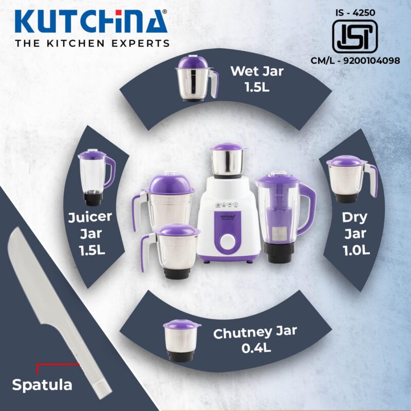 Kutchina Milano Excel Mixer Grinder 750 Watt with 4 Jars (Juicer Jar, Liquidizing, Wet Grinding, Chutney Jar) | Stainless Steel Blades | Mixer Grinder 750+ Watt | 2Yrs on Product, 5Yrs on Motor - Image 6
