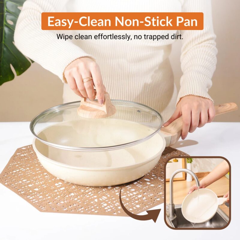 HomeEssentials Non Stick Maifan Stone Frying Pan - Fry Pan with Lid & Wooden Handle/Pre Seasoned 5 Layer Maifan Medical Stone Pan/All Gas & Induction Compatible/Chemical Coating Free,2.2 Litre - Image 4