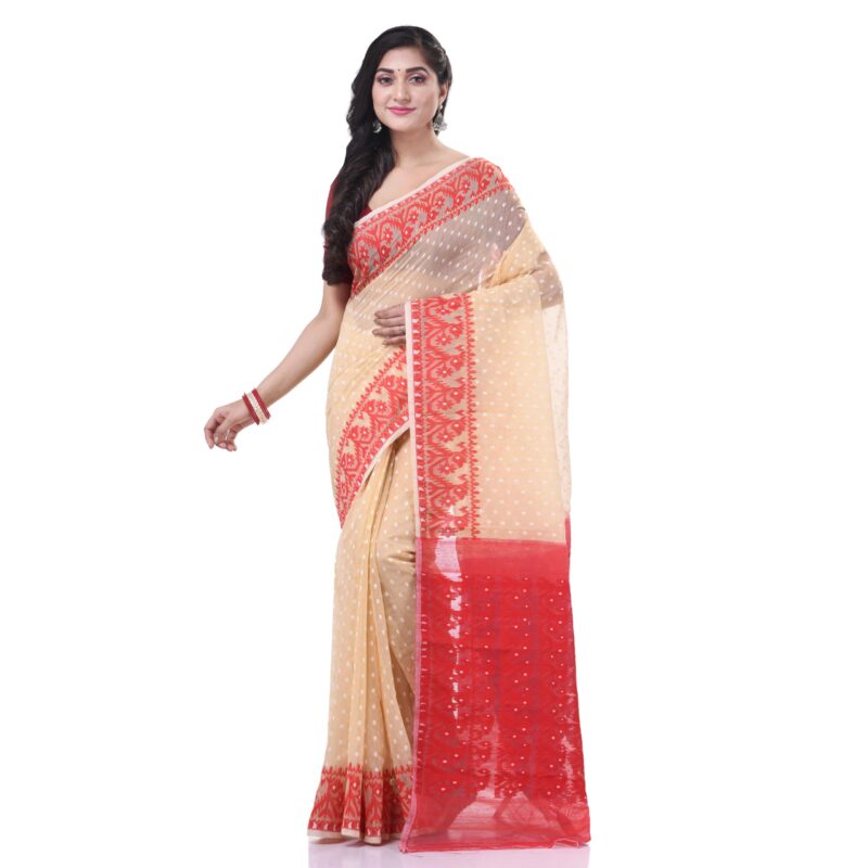 dB DESH BIDESH Women`s Resham Dhakai Jamdani Cotton Handloom Saree Hajar Buti Design Jamdani Saree (Cream Red) - Image 4