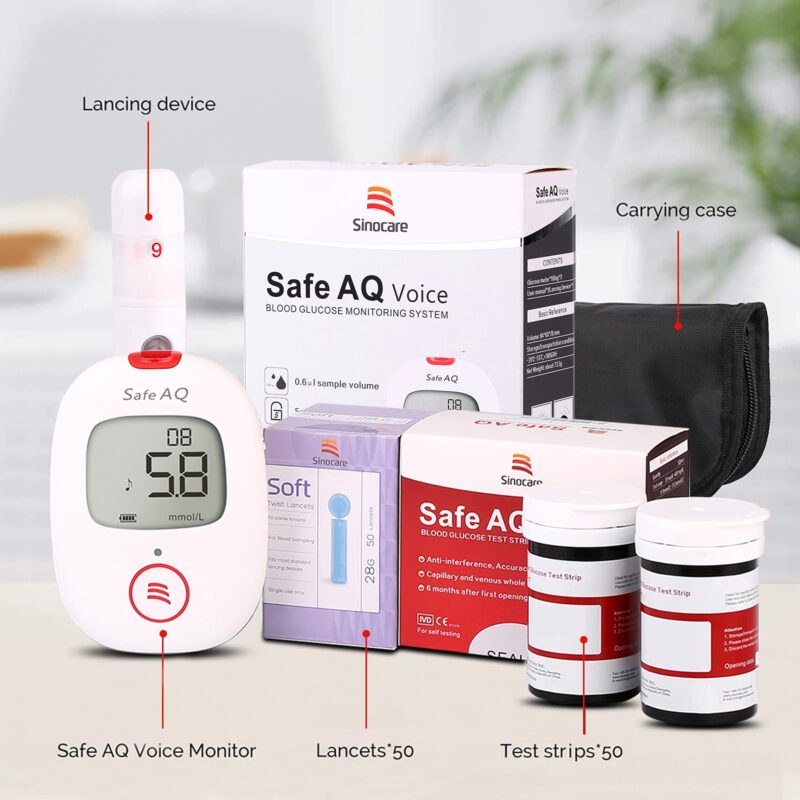 Sinocare PTS(USA) Diabetes Testing Kit/Blood Glucose Monitor Safe AQ Voice/Glucometer with Voice Reminder and Light Warning/Blood Sugar Test with 50Strips & 50Lancets & Case Pack - Image 7