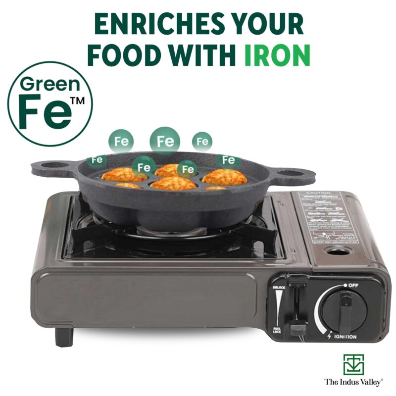 The Indus Valley Super Smooth Cast Iron Paniyaram Pan | 7Pit, 19Cm/7.4 Inch, 2.2Kg | Induction Friendly | Nonstick, Pre-Seasoned Appe/Paddu Pan, 100% Pure & Toxin-Free, No Chemical Coating - Black - Image 5
