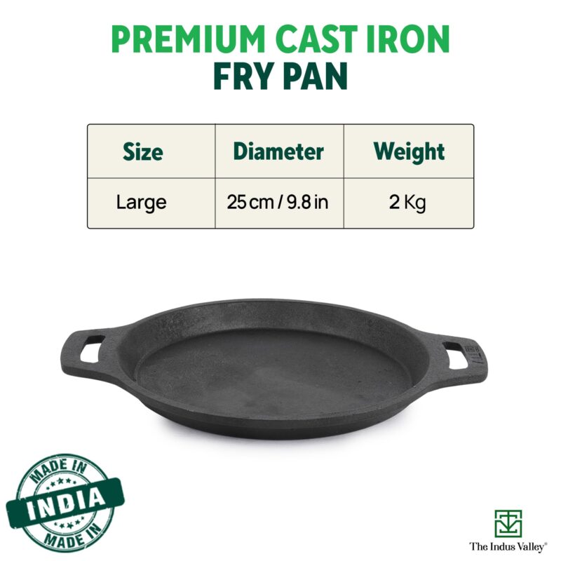 The Indus Valley Preseasoned Cast Iron Fish Fry Pan With Double Handle | Large 25Cm/ 9.8Inch, 2Kg | Induction Friendly | Nonstick Fish Fry Pan, 100% Pure & Toxin Free, No Chemical Coating, Black - Image 7
