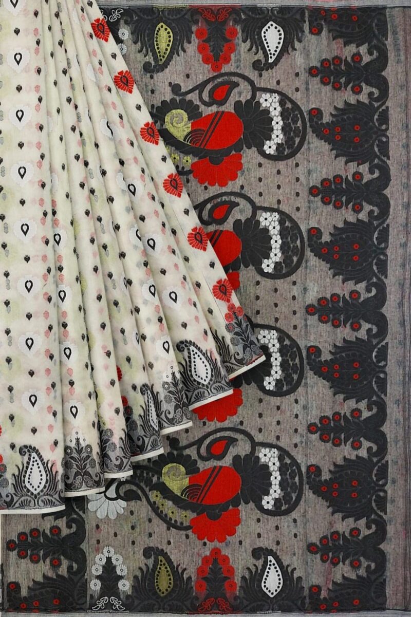 Saree Niketan Women's Traditional Bengal Cotton Silk Jamdani Saree (white) - Image 3