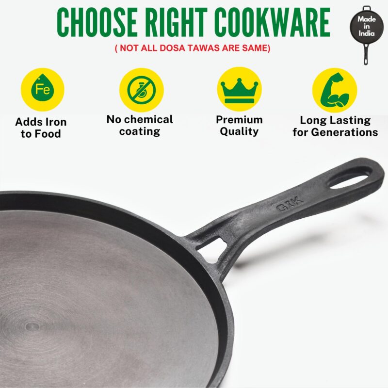 GREAT INDIAN KITCHEN Pre-Seasoned Cast Iron Tawa for Dosa/Roti | 29 Cm | Smooth Finish Dosa Tawa Cast Iron | Induction Compatible | No Chemical Coating | Cast Iron Tawa for Roti - Black - Image 4