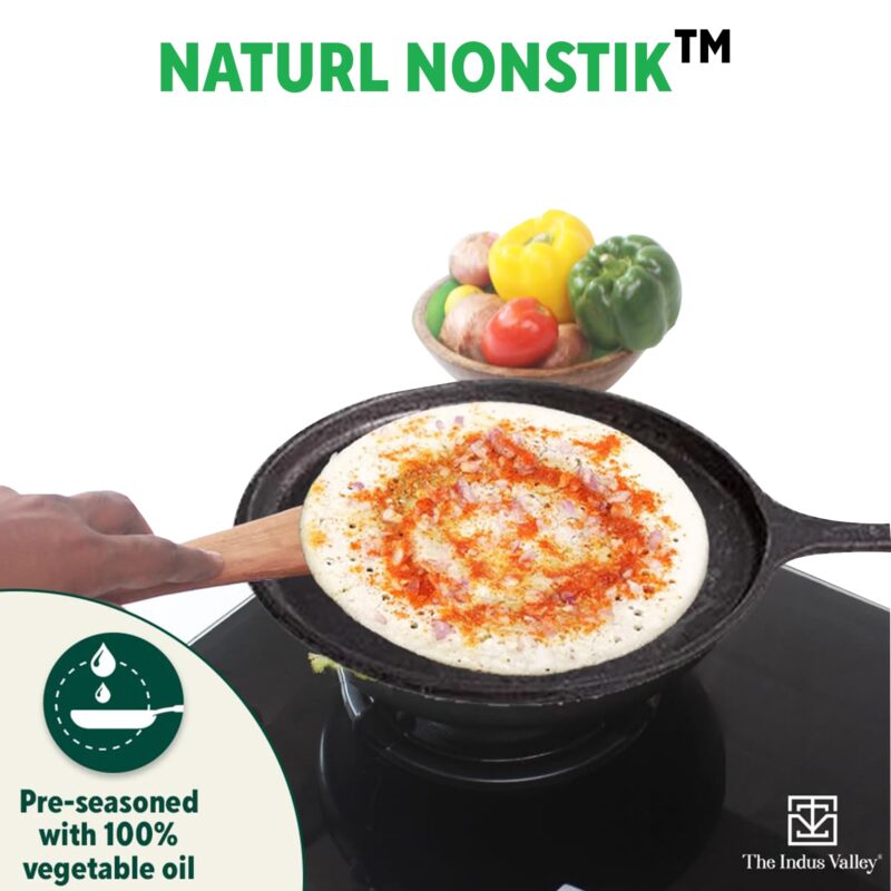 The Indus Valley Pre-Seasoned Cast Iron Tawa with Free Wooden Spatula for Dosa/Chapathi | 25.7cm/10.3 inch, 2kg | Induction Friendly | Naturally Nonstick, 100% Pure & Toxin-Free, No Chemical Coating - Image 4