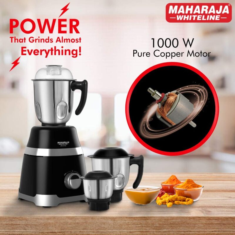 Maharaja Whiteline 1000 W Ultramax HD Mixer Grinder with3 Stainless Steel Jars | Copper Motor | Food Grade Safe | Superior Cooling | 5 Year Motor Warranty- MX-220 (Black with Chrome Finish) - Image 4