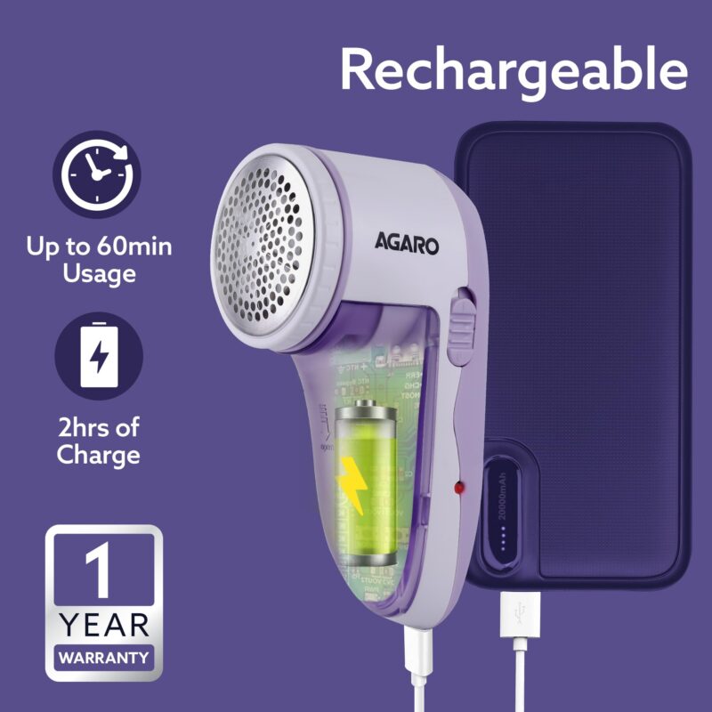 AGARO 2419 Lint Remover, Electric Fabric Shaver, Rechargeable, Stainless Steel Blades, Portable, Multi-Functional Fuzz Remover from Woollen Sweaters, Coat, Blankets, Jackets, Carpets, Burr Remover - Image 6