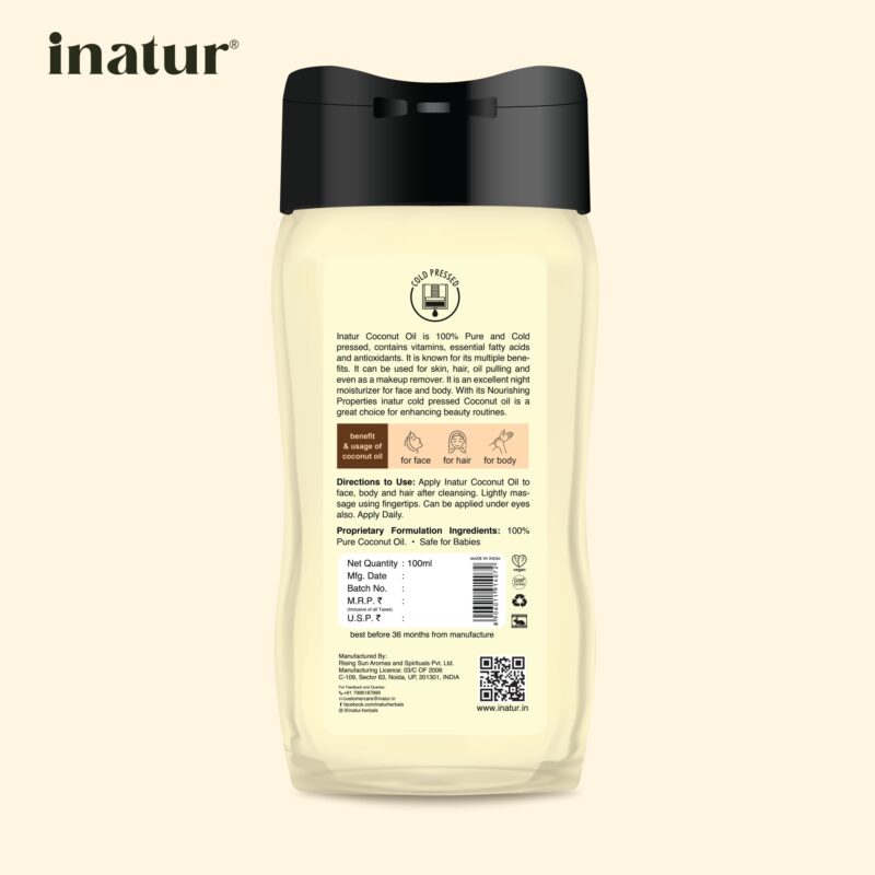 inatur Coconut Oil 100ml - 100% Pure, Virgin, Cold Pressed & Organic | Coconut Oil for Hair, Body & Skin Care | Pure Coconut Oil for Skin, Organic Coconut Oil for Skin, Suitable for All Skin Types - Image 3