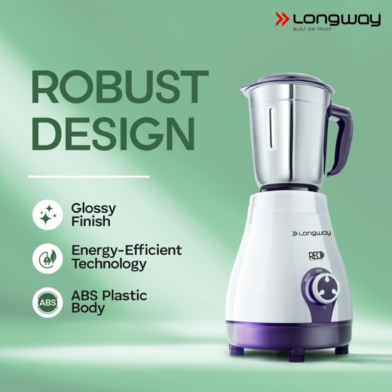 Longway Reo 550 Watt Mixer Grinder with 4 Jars for Grinding, Mixing, Blending, Juicing with Powerful Motor | 1 Year Warranty | (Purple, 4 Jars) - Image 8