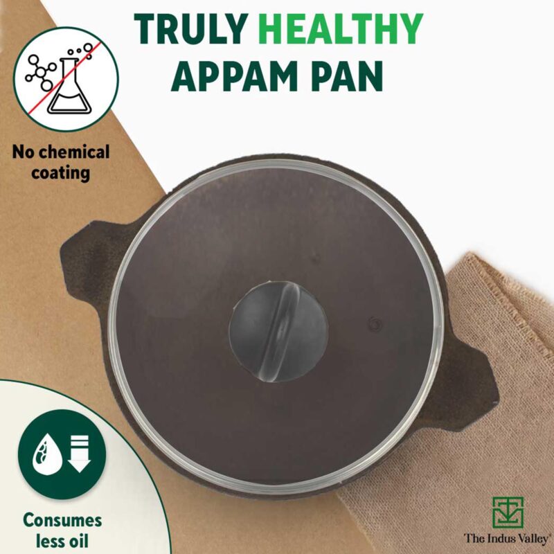 The Indus Valley Pre-Seasoned Cast Iron Appam Pan/Appachatty/Chetty Pan/Appam Patra with Glass Lid | 22 Cm/8.7 Inch, 1.5Kg | Gas Compatible | Nonstick Appam Pan, 100% Pure & Toxin-Free - Image 7