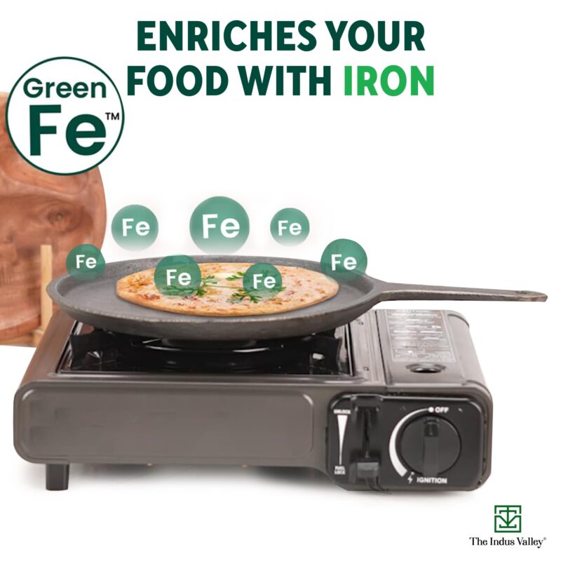 The Indus Valley Pre-Seasoned Cast Iron Tawa with Free Wooden Spatula for Dosa/Chapathi | 25.7cm/10.3 inch, 2kg | Induction Friendly | Naturally Nonstick, 100% Pure & Toxin-Free, No Chemical Coating - Image 6