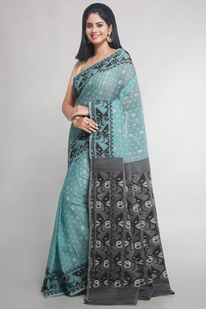 WoodenTant Women's Bengal Made Soft Dhakai Jamdani Saree Without Blouse Piece. (Beige & Green, Cotton) - Image 5