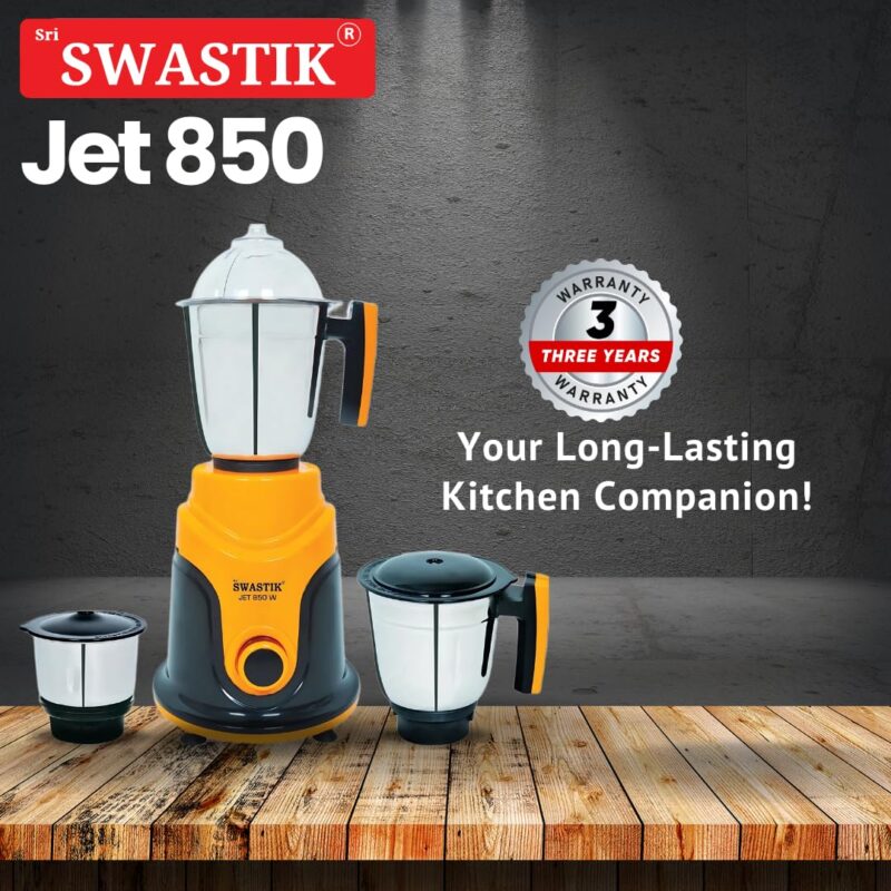 Sri Swastik Jet 850 Mixer Grinder | 850W Heavy-Duty Motor | 3 Stainless Steel Jars | Orange - Image 2