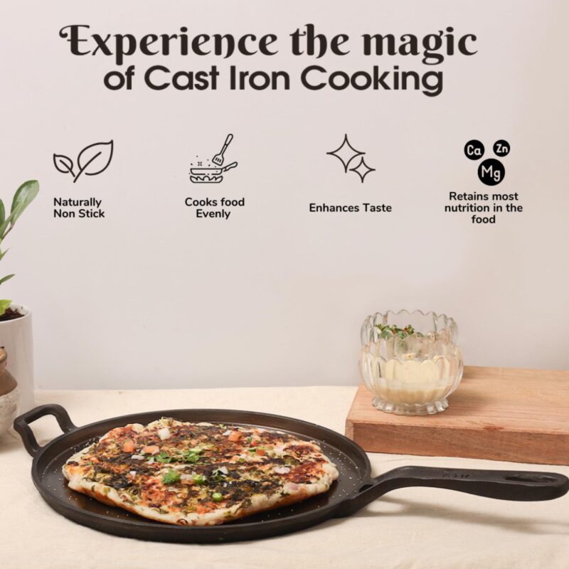 GREAT INDIAN KITCHEN Pre-Seasoned Cast Iron Tawa for Dosa/Roti | 29 Cm | Smooth Finish Dosa Tawa Cast Iron | Induction Compatible | No Chemical Coating | Cast Iron Tawa for Roti - Black - Image 5
