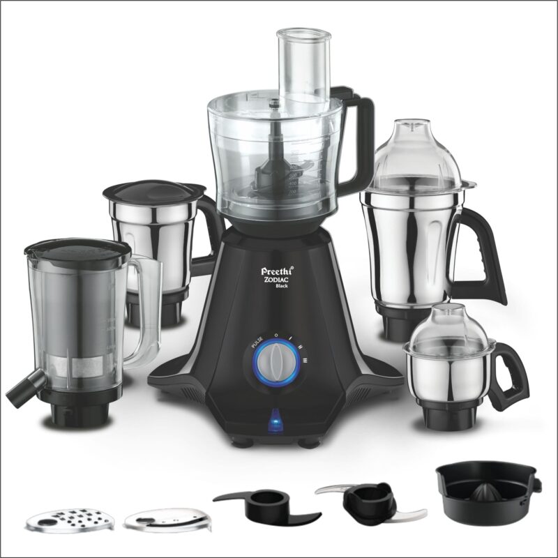 Preethi Zodiac Black Mixer Grinder for Kitchen, 5 Jars 750 Watt Mixie with Chutney Jar, Dry Grinding, Batter Grinding, Juicer & Masterchef Jar for chopping/grating (MG-261)