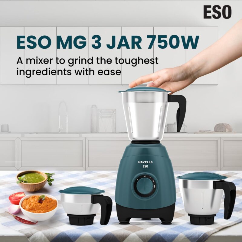 Havells ESO 750 Watts 3 Jar Mixer Grinder | Rust Resistant 304SS Blade | High Speed Mixie 21000 RPM motor| Heavy and Wider mouth SS Jars with Handle| 5 Year Motor Manufacturer Warranty (Teal) - Image 3