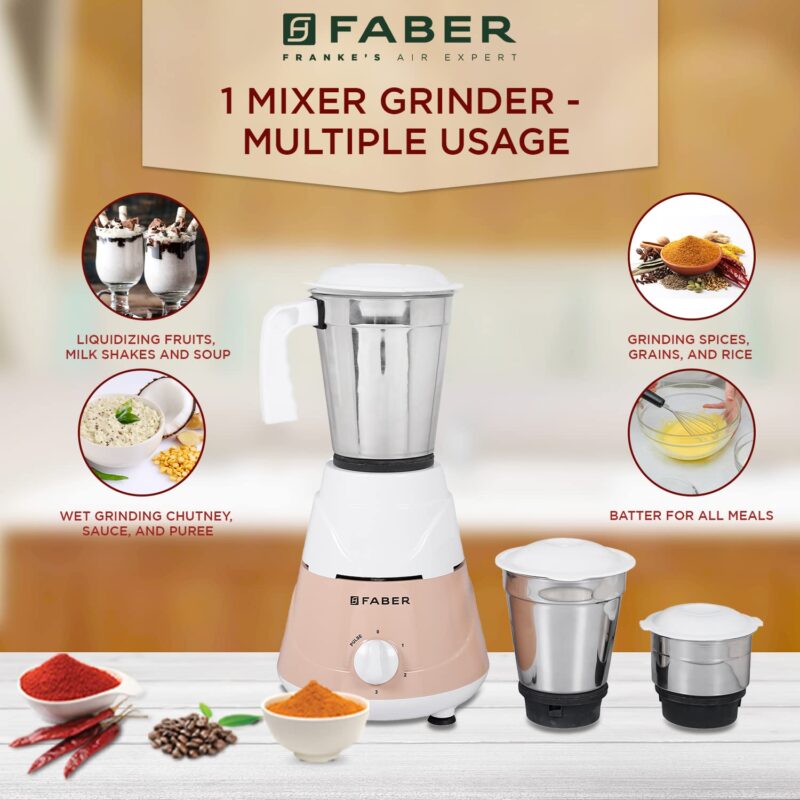 Faber Marvel 500W Blender Mixer Grinder, || Low-Noise, Up to 18000 RPM Speed || 3 SS Steel Jars for Wet, Dry Or Chutney Grinding ||1 year Comprehensive Warranty (FMG MARVEL 500 Watt 3J PW) Peach White - Image 8