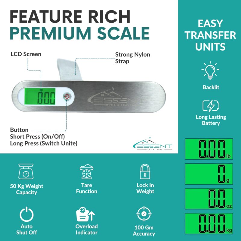 Essentâ„¢ Weight Machine for Luggage - 50kg Capacity, Steel Body, 10 Years Replacement - Premium Digital Luggage Weighing Scale, Weighing Machine for Luggage for Home, Flights, Bags (Silver, 50kg) - Image 7