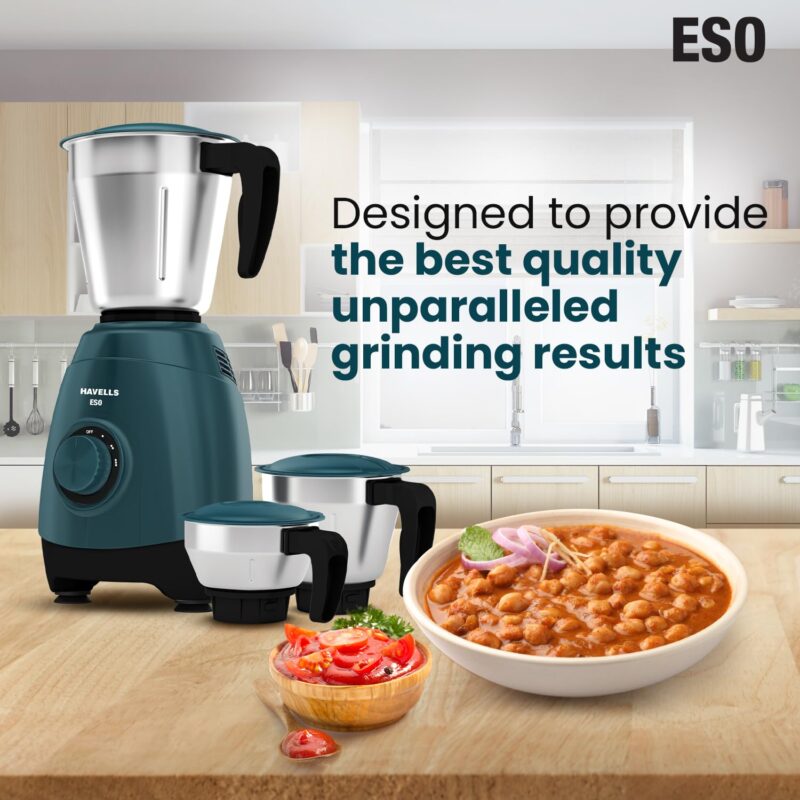 Havells ESO 750 Watts 3 Jar Mixer Grinder | Rust Resistant 304SS Blade | High Speed Mixie 21000 RPM motor| Heavy and Wider mouth SS Jars with Handle| 5 Year Motor Manufacturer Warranty (Teal) - Image 4