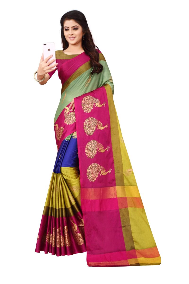 DHRUVI TRENDZ Women Silk Cotton Saree(DT-S166_Pista Green & Pink_Free Size) - Image 3