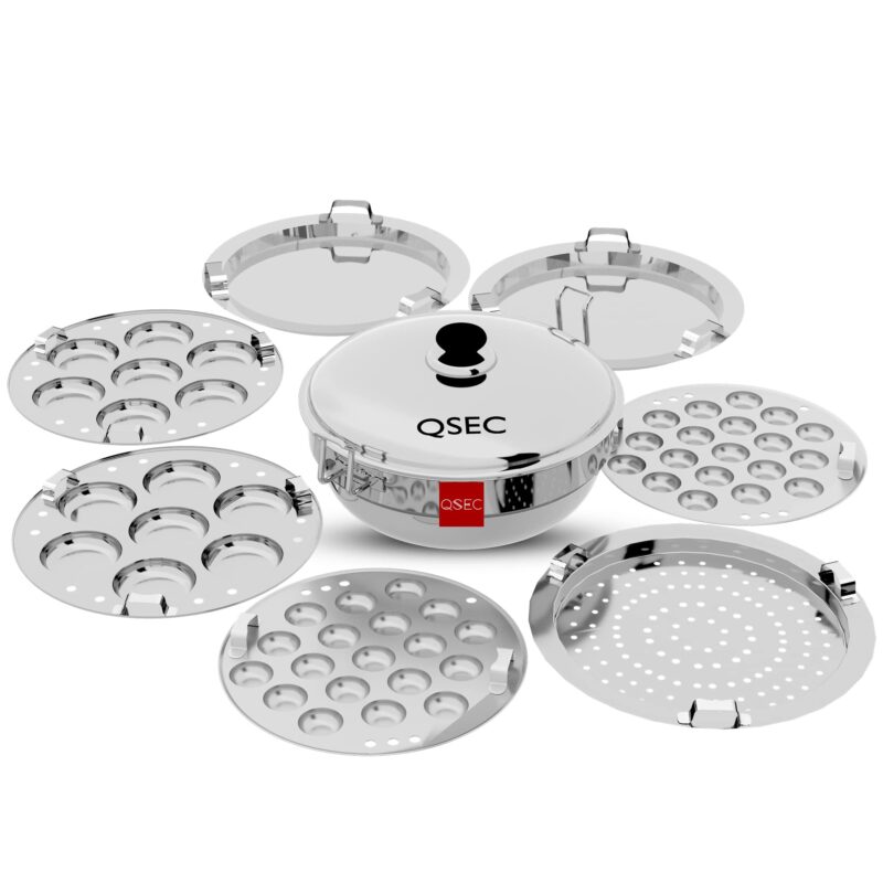 QSEC Stainless Steel Induction base Idli Maker Multi Kadai Idli Steamer & idli Cooker with 7 Plates | 2 Mini Idli | 2 idli | 2 Dhokla | 1 Momo…