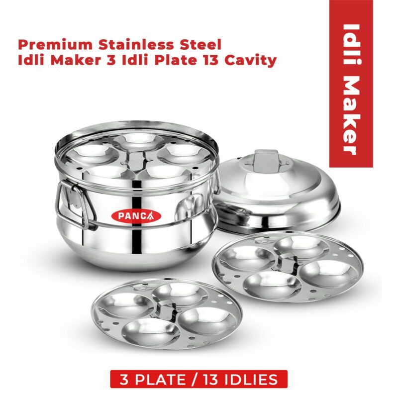 PANCA Idli Maker 3 Plate 13 Idli Cooker, Premium Idli Panai Heavy Weight Idly Cooker, Idli Steamer, Idli Pot- Silver (13 IDLI BIG) - Image 2