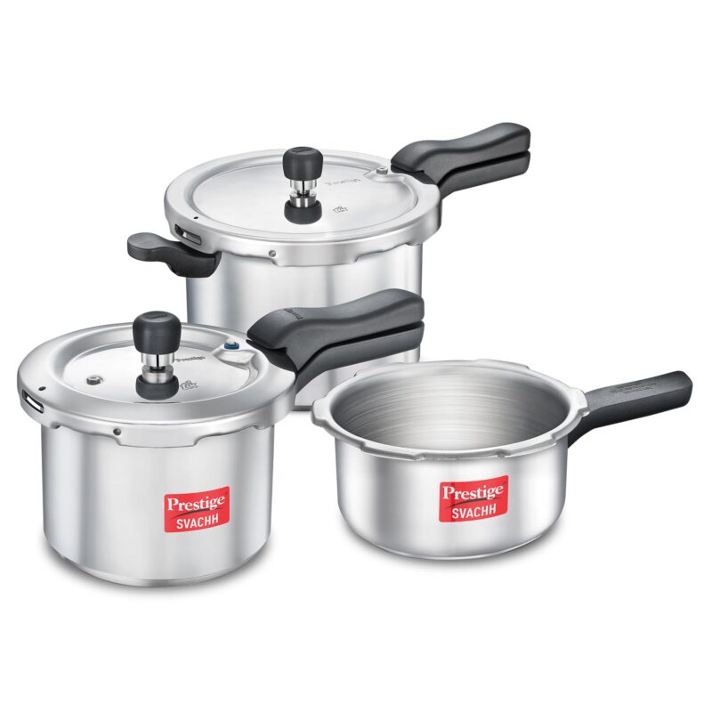 Prestige 2L+3L+5 Litres Svachh Outer Lid Aluminium Combo Pressure Cooker with 2 Lids |Deep Lid Controls Spillage | Gas & Induction Compatible | Anti-Bulge Induction Base| Gasket-release system