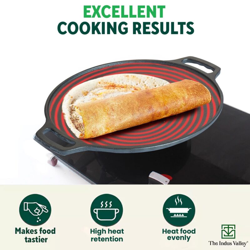 The Indus Valley Pre-Seasoned Cast Iron Tawa for Dosa/Chapathi | 30.2cm/11.8 inch, 2.4kg | Induction Friendly | Nonstick, Pre-Seasoned Tawa, 100% Pure & Toxin-Free, No Chemical Coating, Black - Image 6